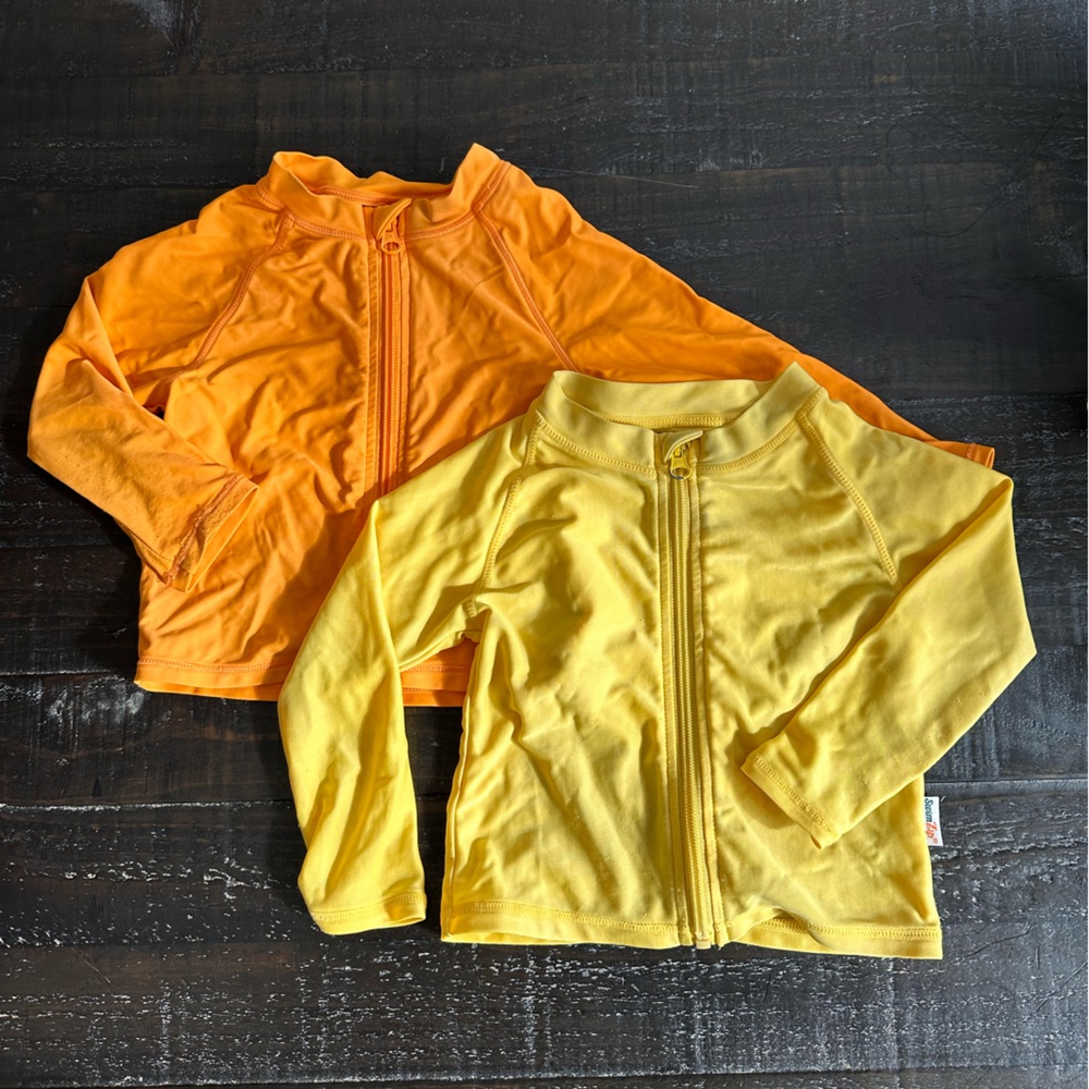 Kids Swim Zip FULL zip-up Rash Guard Set - Orange and Yellow swim shirt 12-18 mo